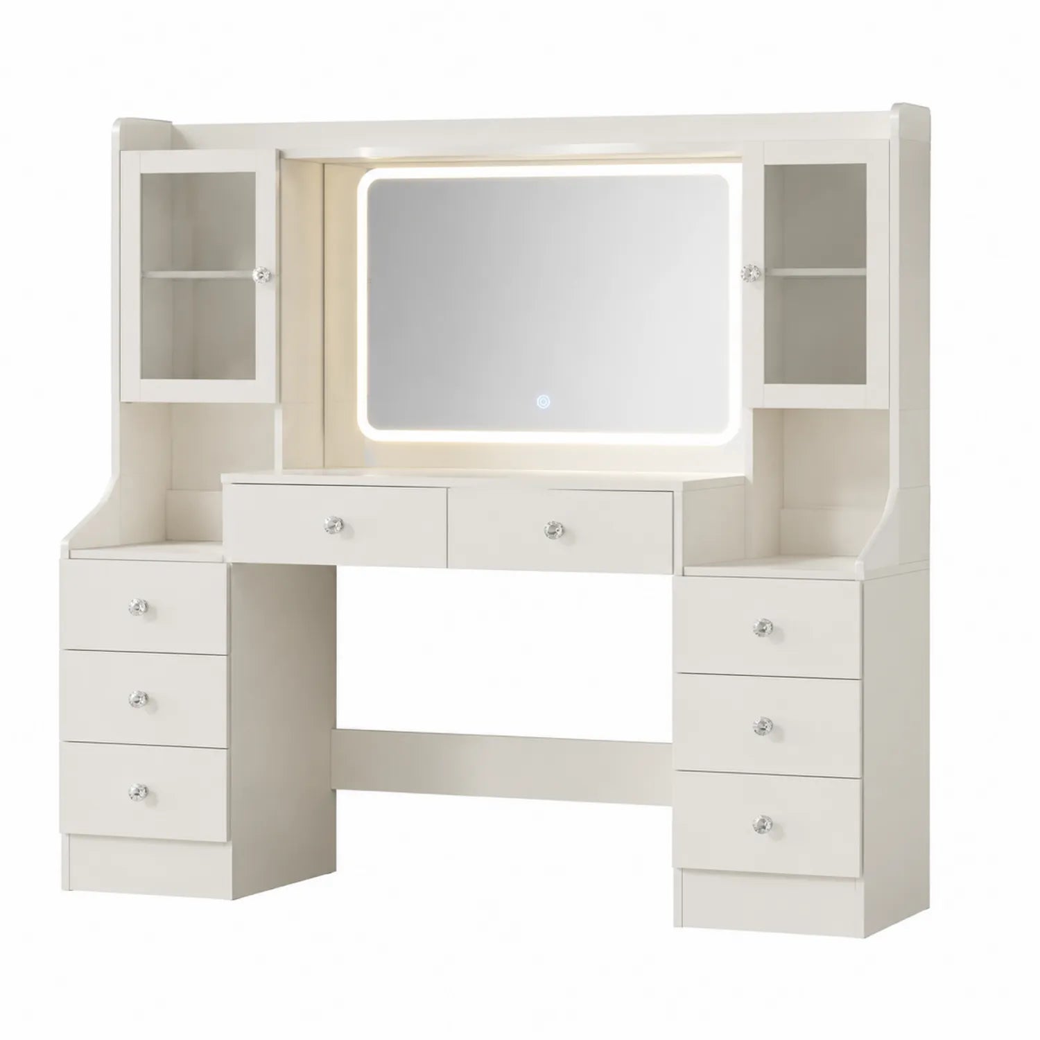 Coiffeuse avec miroir LED et 8 tiroirs en bois blanc