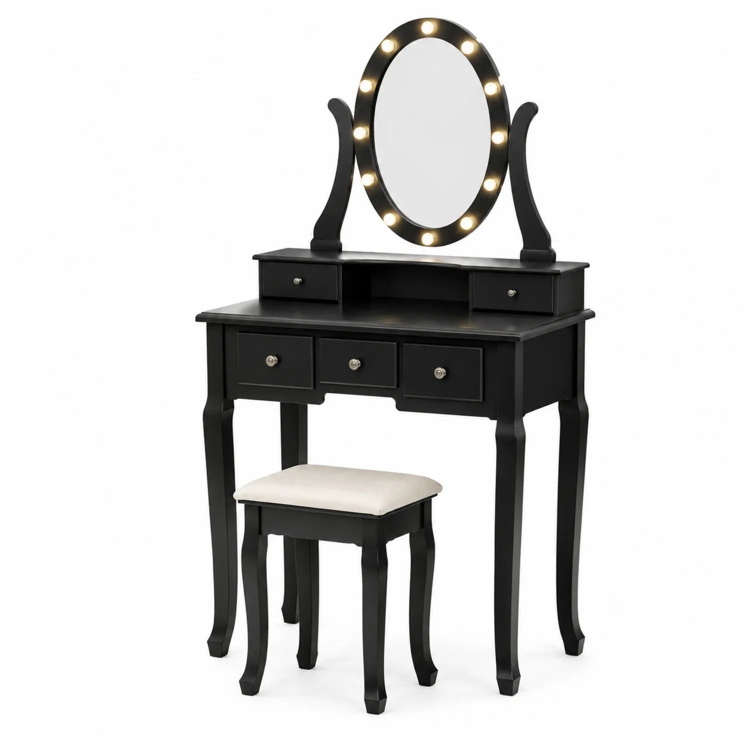 Coiffeuse en Bois avec Miroir LED et Tabouret Noir