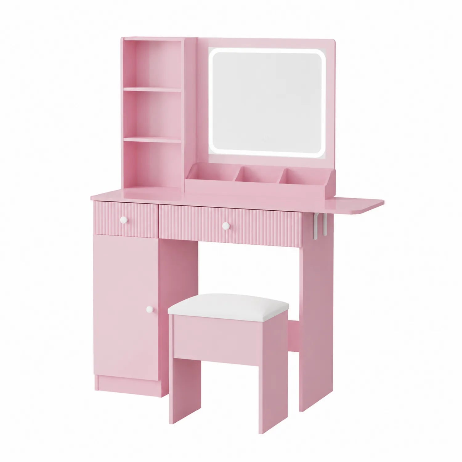 Coiffeuse en bois avec tabouret et miroir LED rose