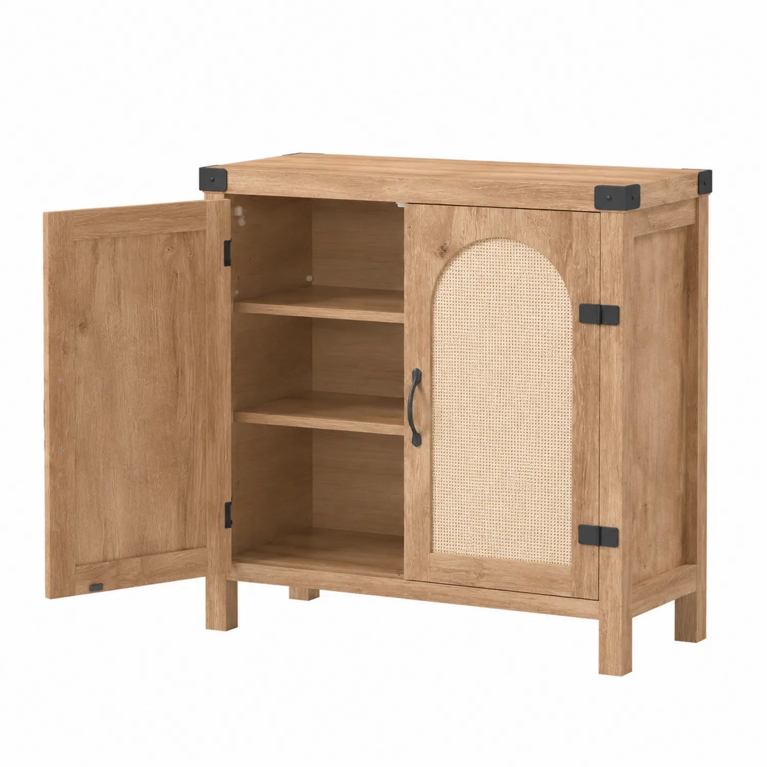 Buffet en bois avec porte en osier et étagères intégrées