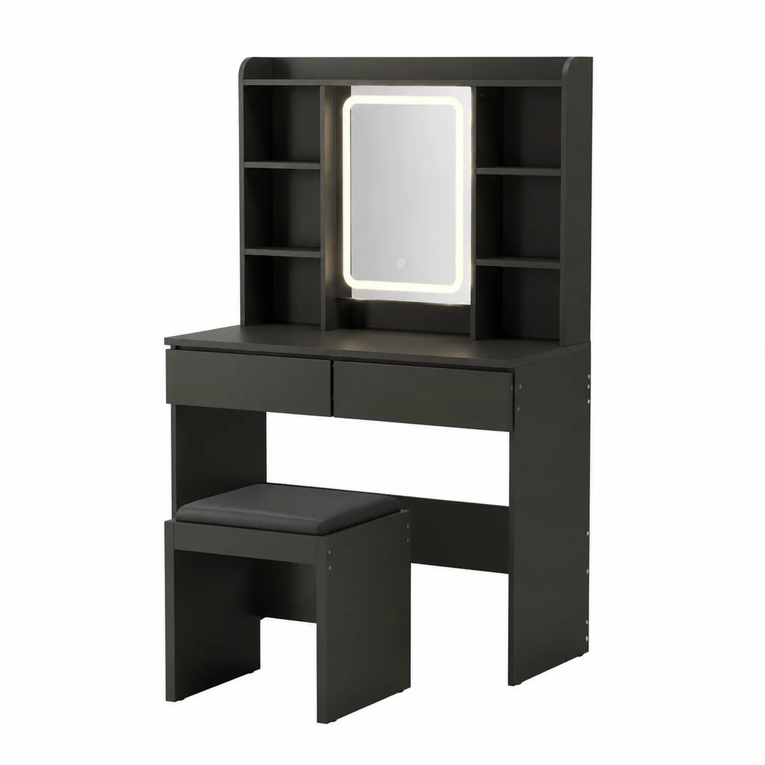 Coiffeuse noire avec miroir LED et tabouret