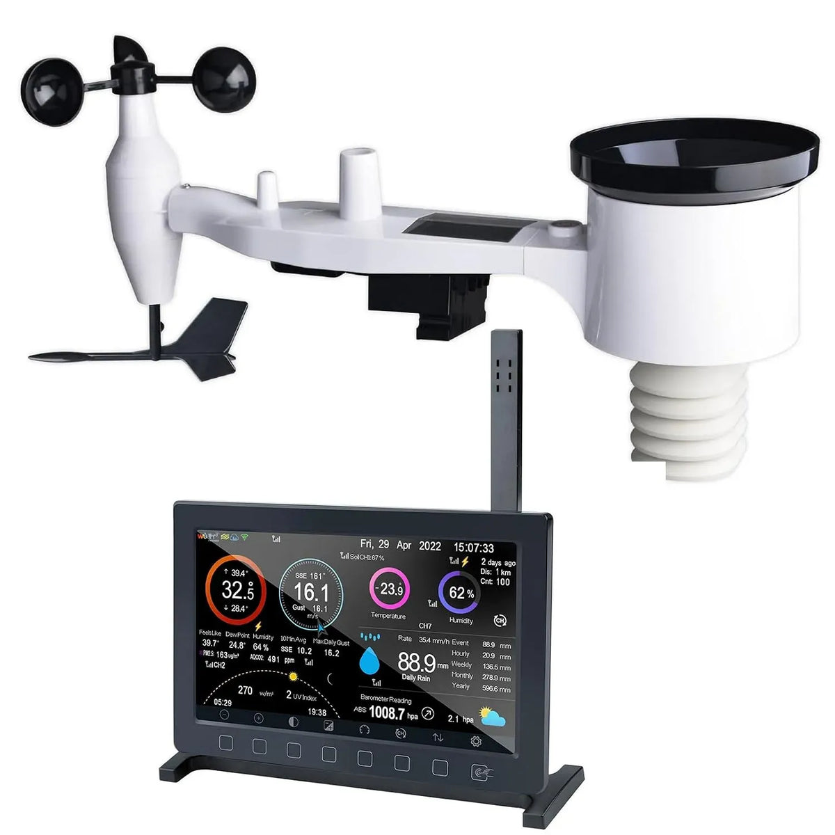 TFT 7 HP2561 surveillance à distance, prévisions météo écran TFT 7 pouces jardin domestique 868 MHz, météo ECOWITT HP2561 7-en-1 WiFi solaire