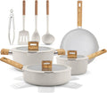 Batterie, batterie de casseroles et poêles, tactile, 14 Pièces, fonction chauffante, blanc, aluminium, verre, Cuisine Céramique 14 Pièces Induction