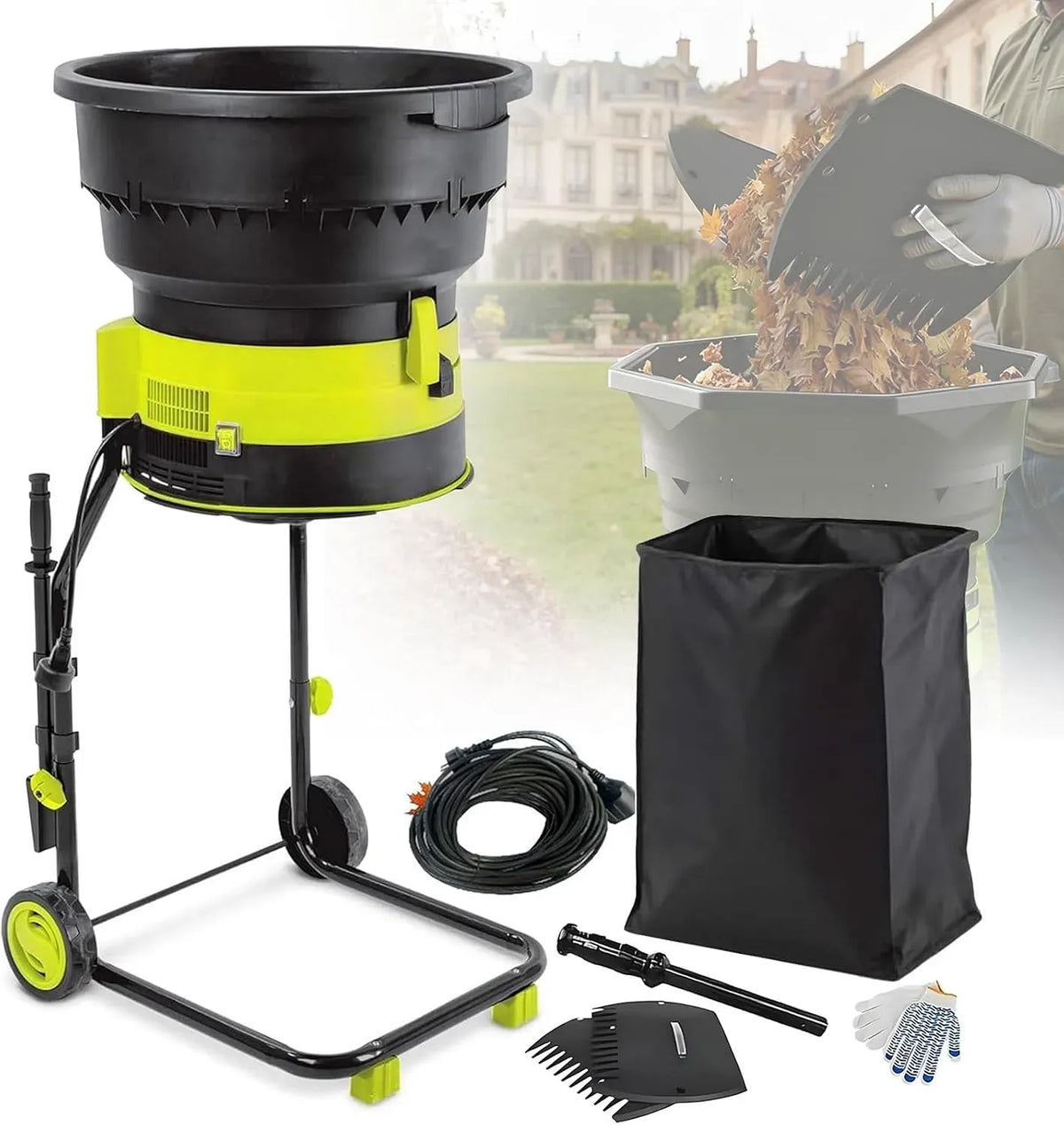 30M Broyeur de Feuilles Sans Lame, pour Broyeur de Feuilles électrique de Jardin avec Roues et Sac de Ramassage, 2500 W, 8000 Tr/Min, 17:1, Idéal pour