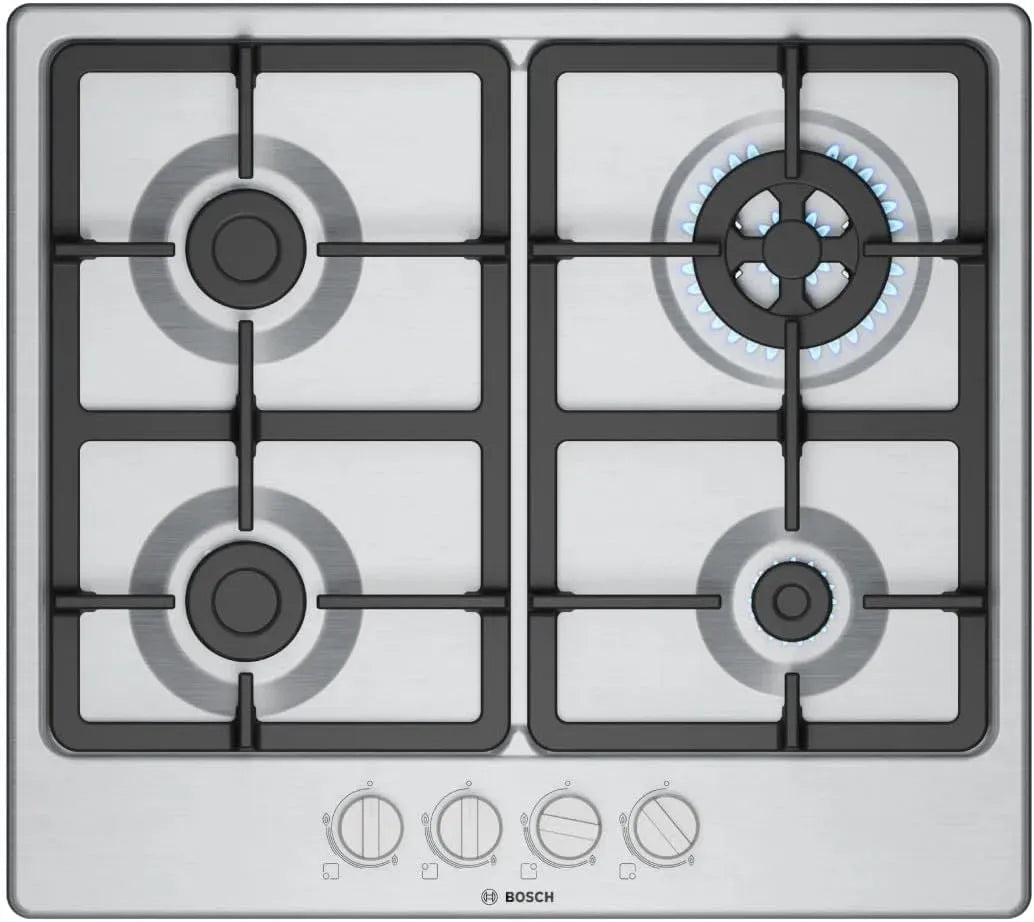Bosch PGH6B5K90 Grilles en fonte, Série 4 Plateau Cuisson à Gaz, Acier, Brûleur Wok : Puissance jusqu'à 3,3 Kw, 60 Cm, Inox, 3 zones + Wok