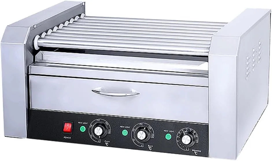 Tiroir chauffant, 2200 W, revêtement antiadhésif, 2 zones de température, capacité de 27 hot-dogs, 9 rouleaux antiadhésifs, Machine à rouleaux Hot Dog