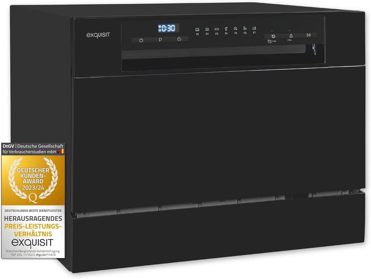 Exquisit 24H Lave-vaisselle, 43, 8 x 55 x 50 cm, 7 programmes, classe énergétique D, consommation 49 kWh, 100 cycles, 6 services, départ différé 24H