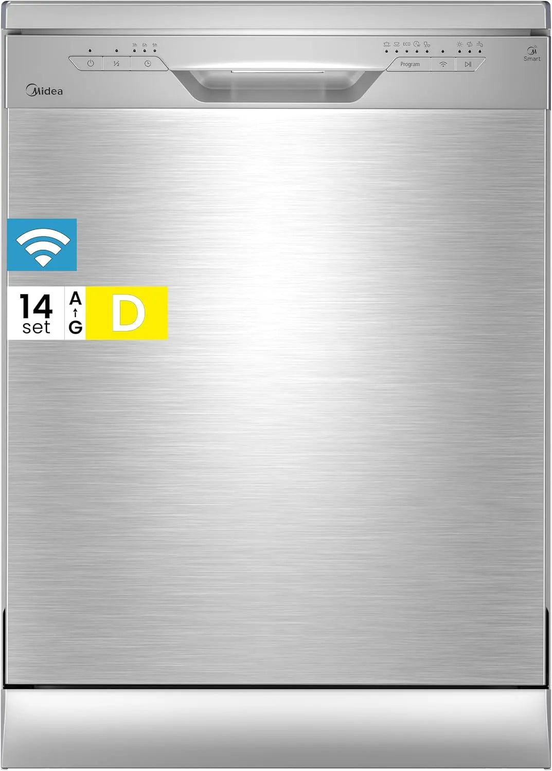 Lave-vaisselle, 47 dB, Midea 3.60N, autonome, Wi-Fi, acier inoxydable, 14 places, 5 modes de nettoyage, 9 h, pré départ différé, inox