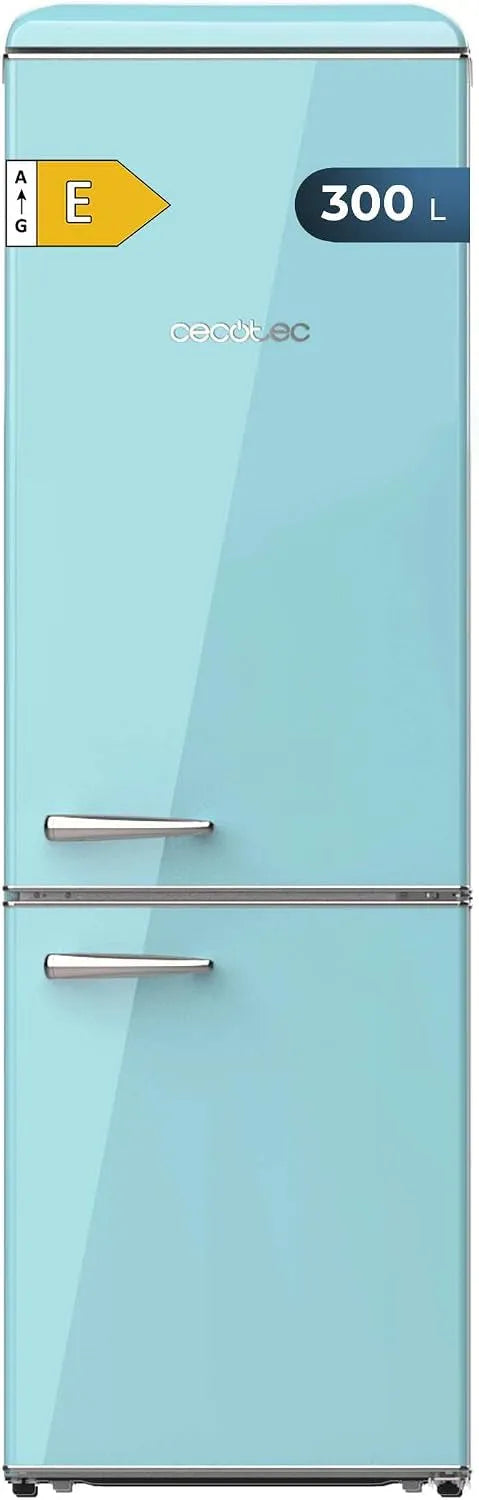 Cecotec Bolero CoolMarket Combi Réfrigérateur combiné, 300 L, classe énergétique E, frigo avec congélateur, bleu, LED Intérieur, Poignée Chromée et