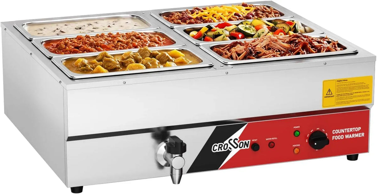 GN 1 230V/1700W Chauffe-Plat Électrique Gastro INOX, pour crosson Bain Marie Électrique Professionnel, 6 Bacs GN 1/3 avec Valve de Drainage