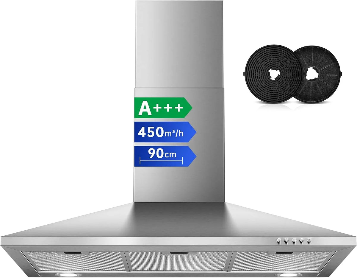 Hotte aspirante, 90cm, 450 m3/h, hotte de cuisine, SNDOAS, évacuation et recyclage, éclairage LED, 3 vitesses, silencieux, acier inoxydable, 2 Filtres