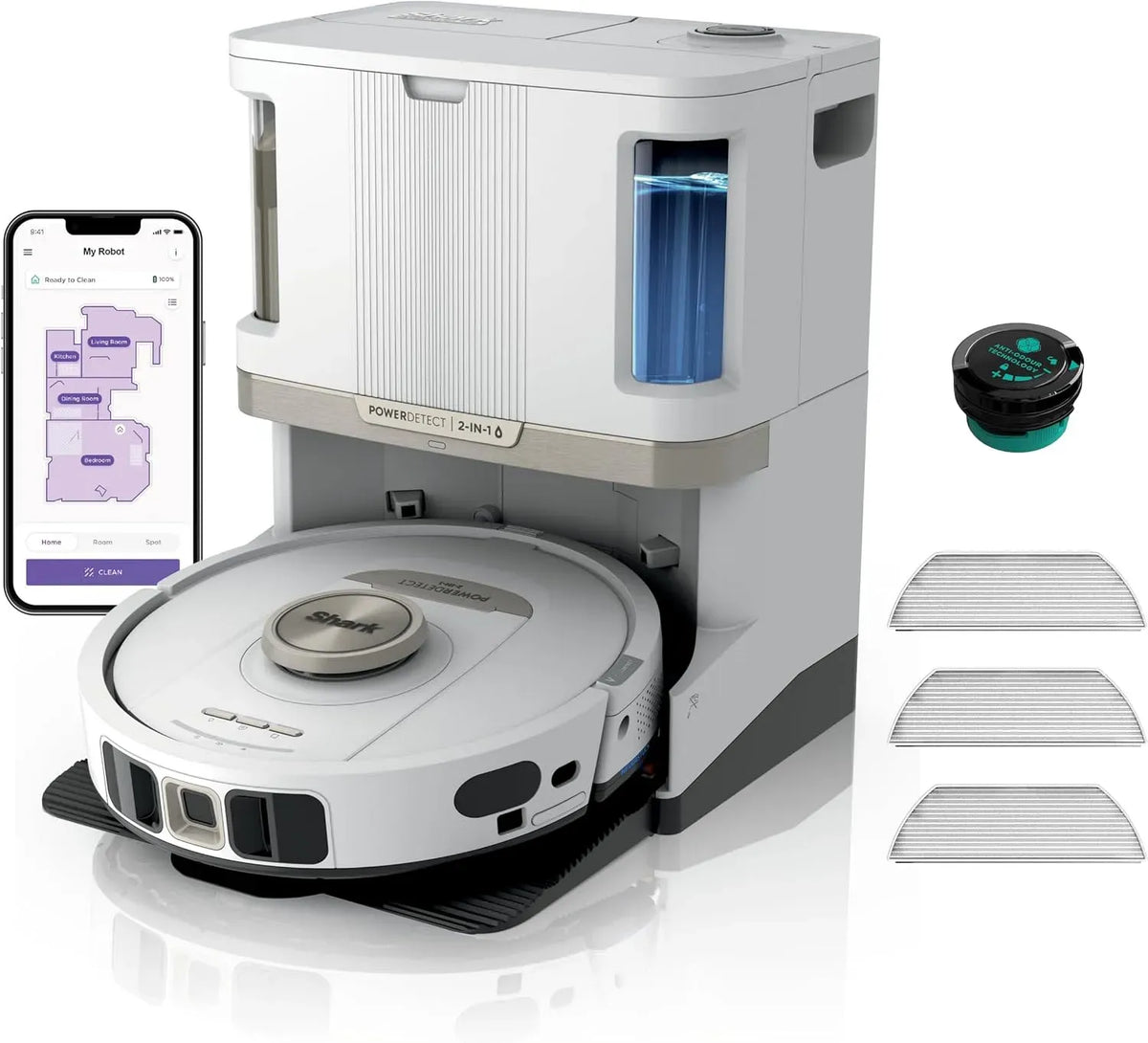 Aspirateur, tactile, Wi-Fi, effet 3D, blanc, 1 Cartouche Anti-odeurs et 2 brosses, 3 tampons Anti-microbiens, Navigation 3D LiDAR, Wi-FI/App