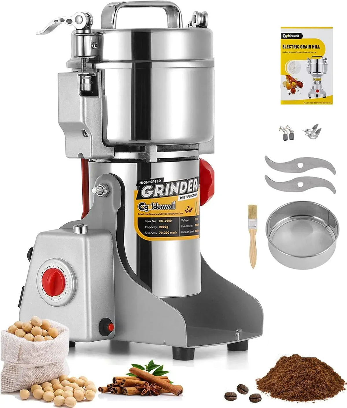 Moulin à céréales, 2400 W, 700 g, broyeur à grains, CGOLDENWALL 28000RPM, minuteur, professionnel, acier inoxydable, 2400W Commerciale Moteur