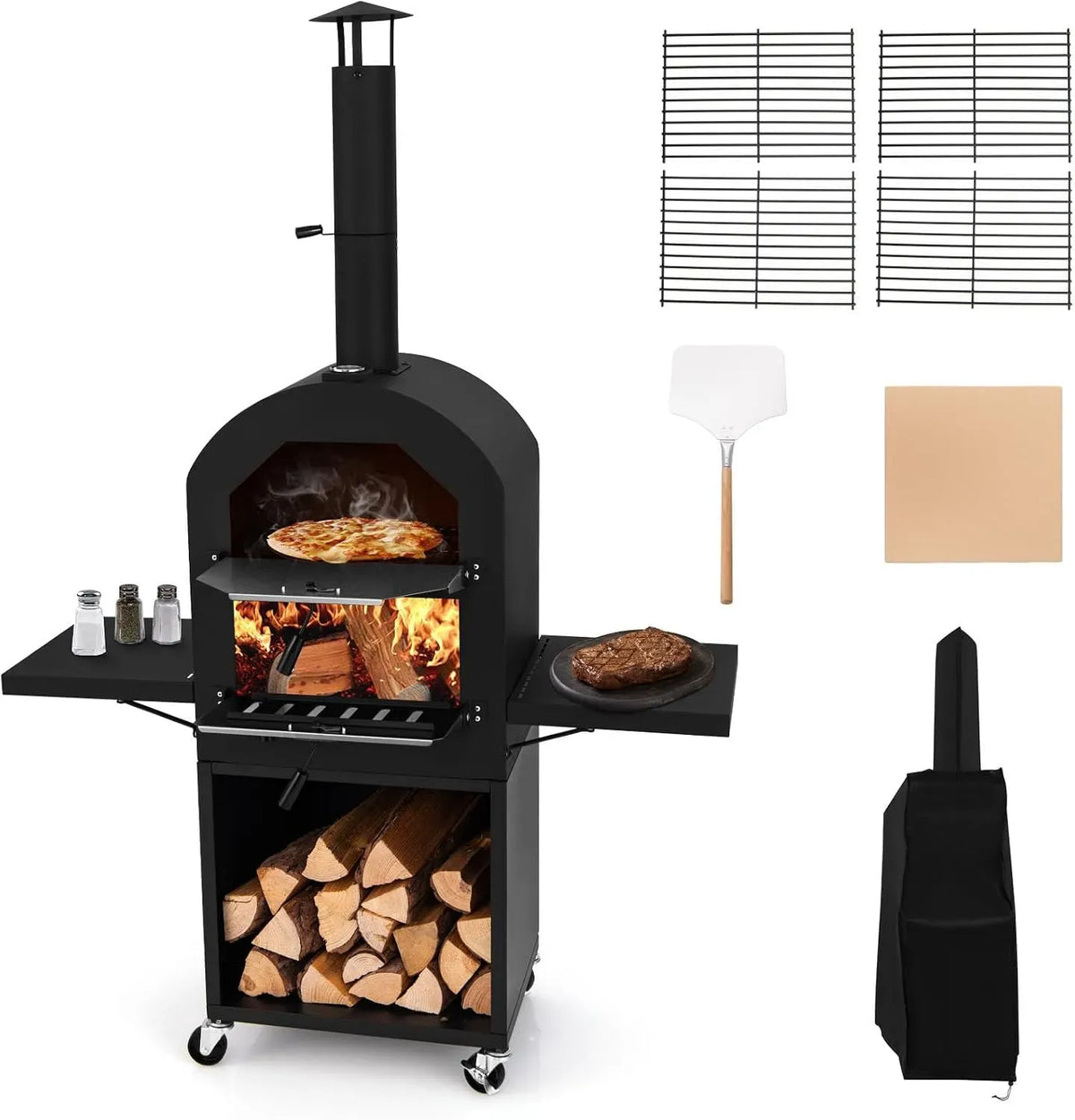 Four électrique à pizza, 30 cm, GYMAX, extérieur, roulettes de déplacement, gril, 2 Grilles de Cuisson, Barbecue, Pelle à Pizza