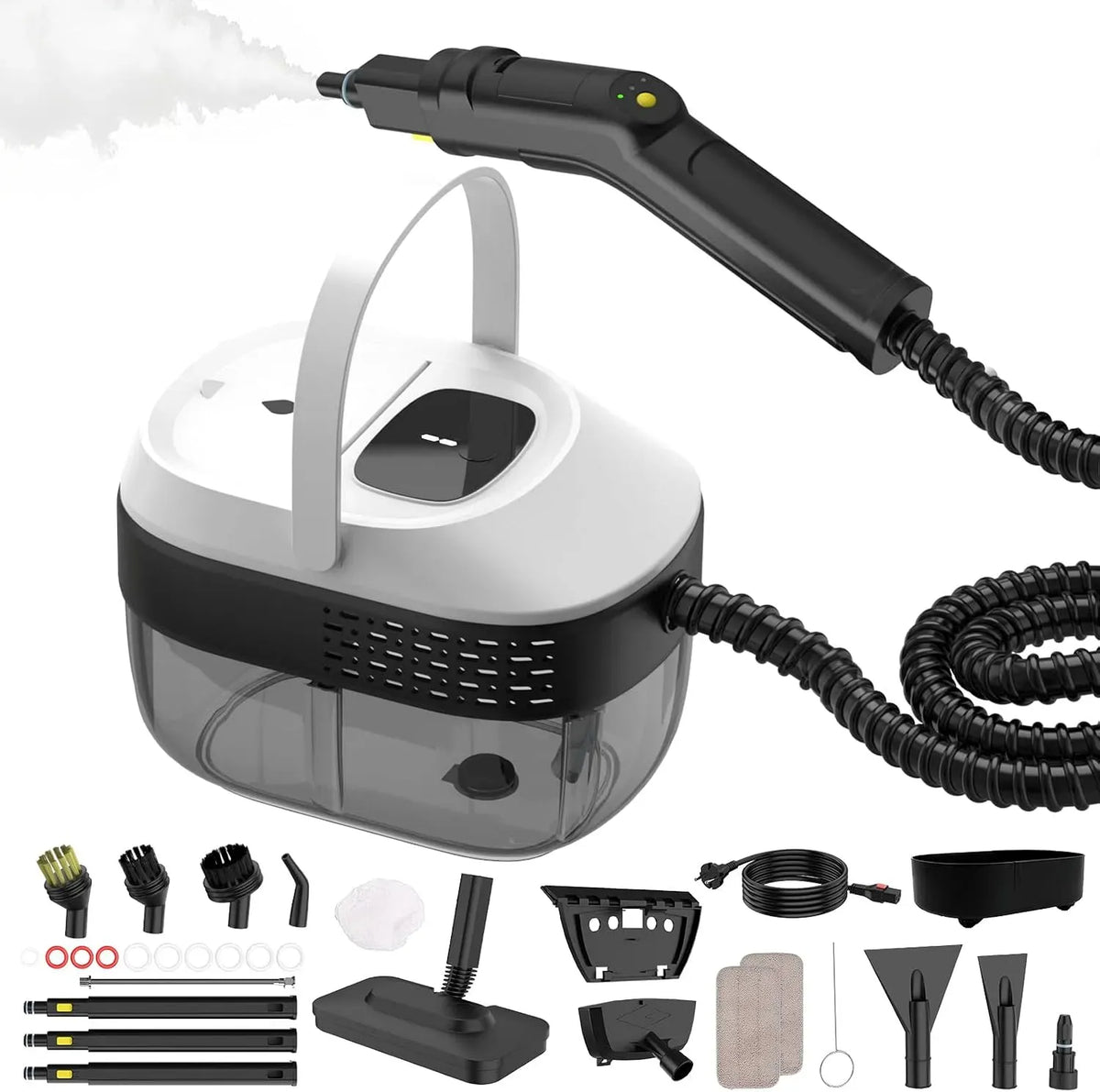 Nettoyeur vapeur, 1,6 L, grand réservoir, usage sur sols, cuisine, voiture, vitres et canapé, Temps de Chauffe de 15 Secondes, 17 Accessoires