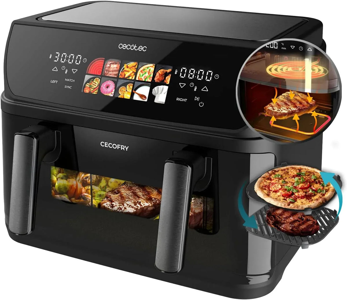 Cecotec Friteuse à air chaud, 10 L, 2800 W, 40 à 200 °C, gril, amovible, 2 zones de température