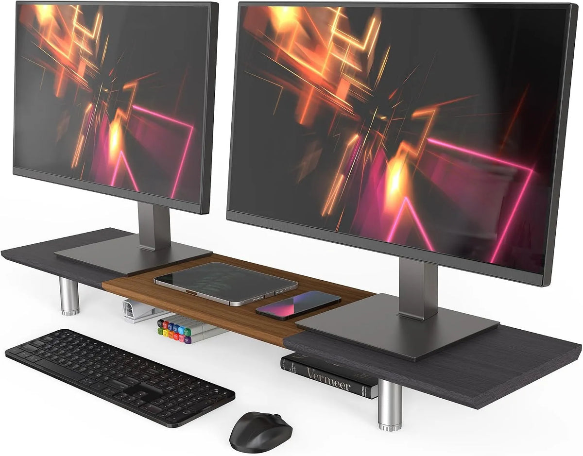 Moniteur Charge45kg, 100cm, écran PC, noir, 5 Pieds Métal, Ordinateur TV, 2 Appareils, Fenge Support Ecran PC, Hauteur Réglable, Marron+Noir