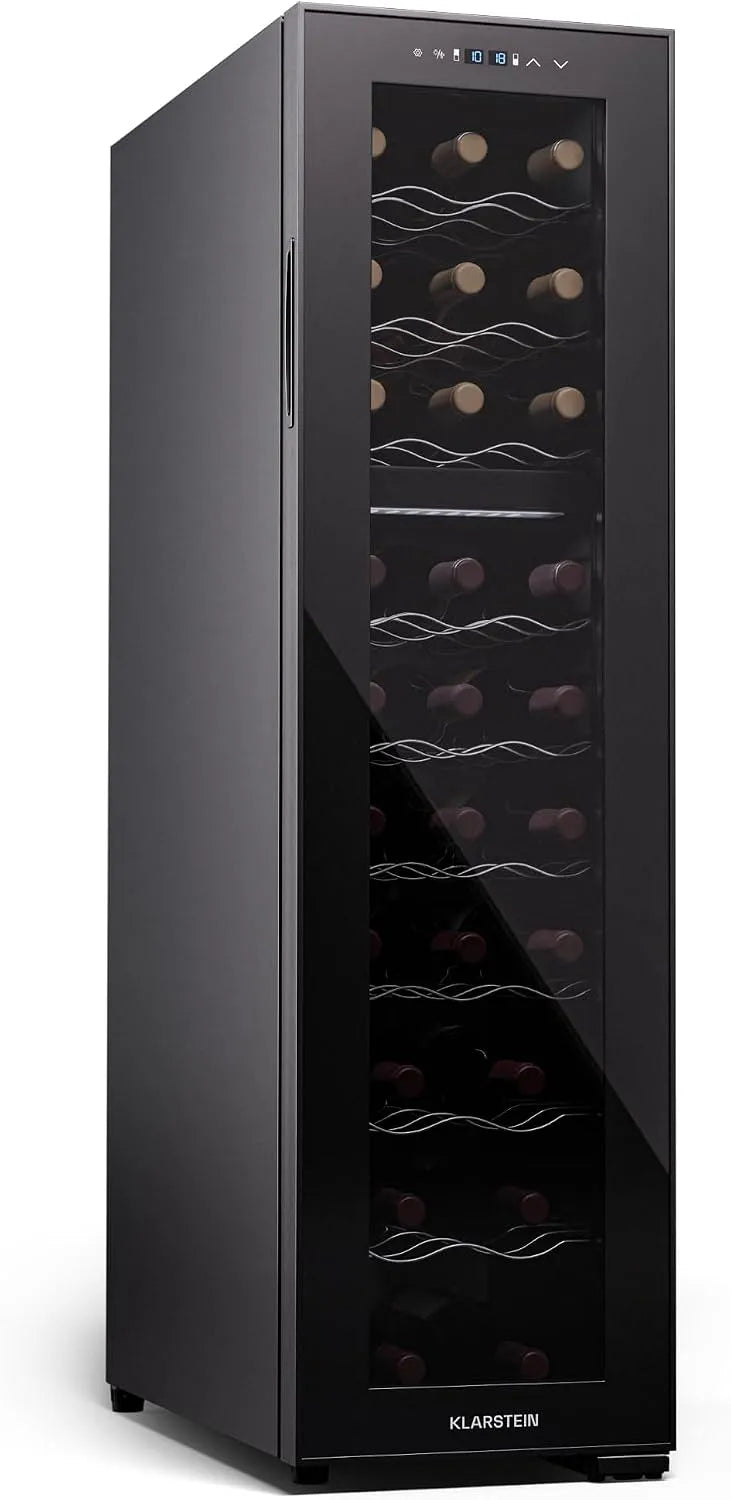 Klarstein Cave à vin électrique, 27 bouteilles, 2 foyers, 5 à 18 °C, verre, étroit, pose libre, silencieux, acier inoxydable, noir, Cadre Inox, LED