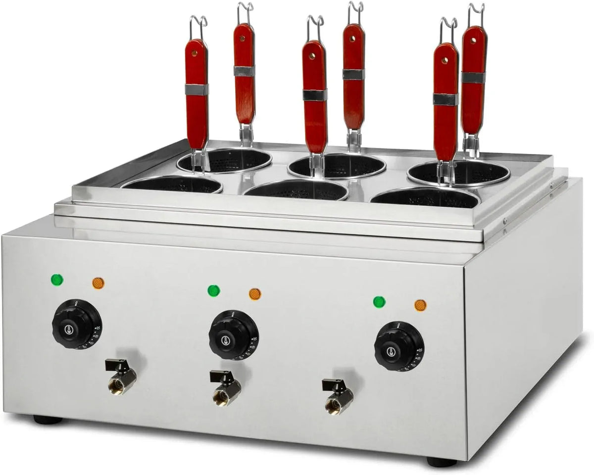 Robinet de cuisine, 6 L, VERTES, professionnel, acier inoxydable, 3 cuves de cuisson séparées de 6 litres chacune, 3x 1700 watts, 6 paniers à pâtes
