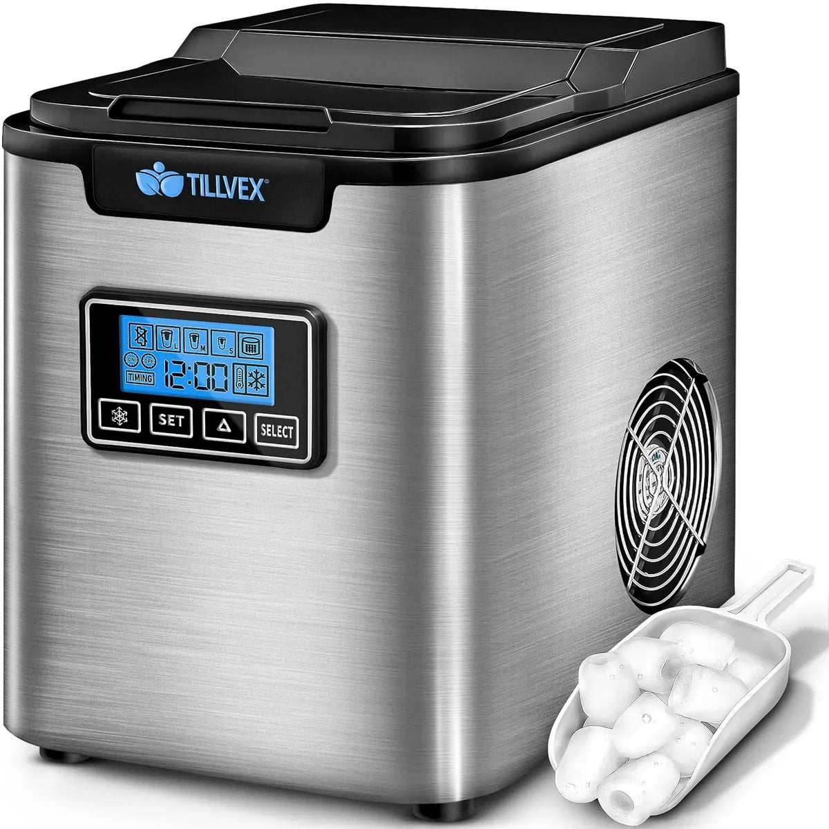 Machine à glaçons, 2,2 L, minuteur, grand réservoir, acier inoxydable, Ice Maker avec écran LED et nettoyage automatique, 24 h, 3 tailles de glaçons