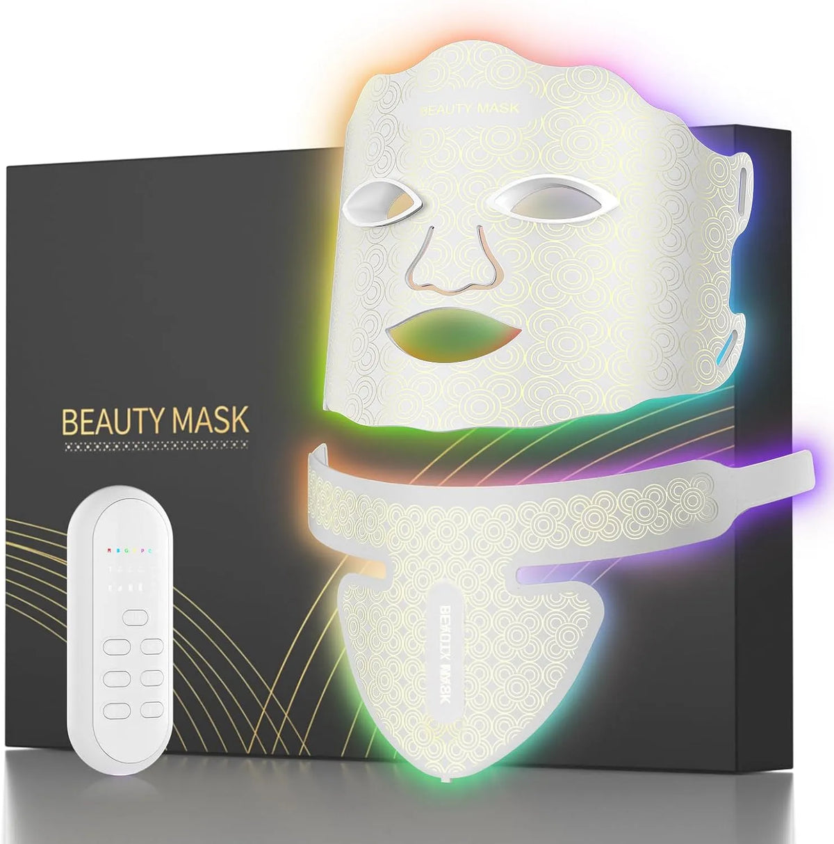 630nm 460nm Peau Ferme, Éclat du Teint, pour Soin Beauté Maison Anti-Âge, Masque visage et cou LED Luminothérapie 7 Couleurs, Lumière Rouge 630nm