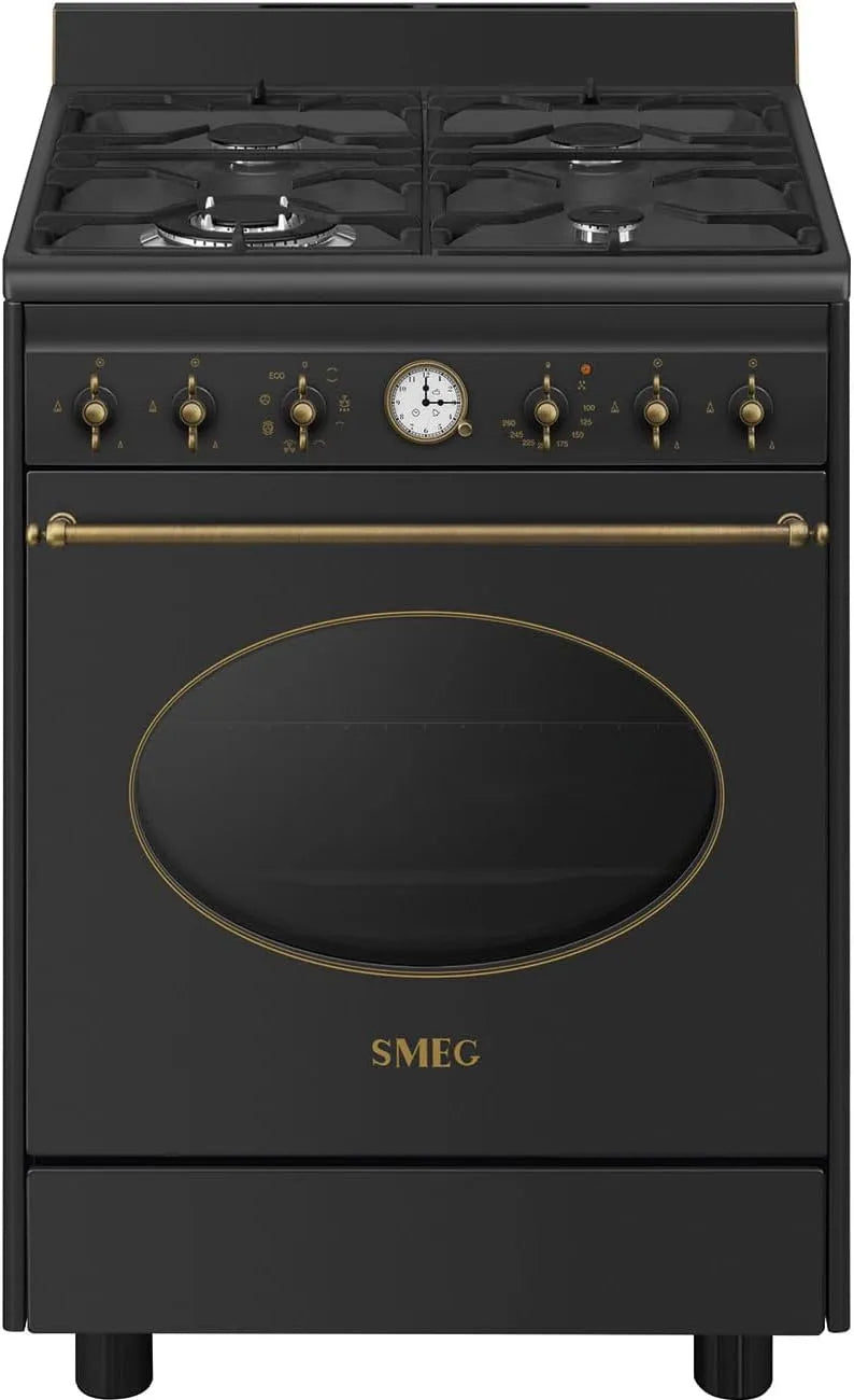Smeg CO60GMAN2 Cuisinière à gaz avec four électrique, 60 cm, 4 foyers, classe énergétique E, vapeur, 4 feux, esthétique coloniale, nettoyage à la