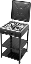 Cuisinière avec four, extérieur, camping, noir, Réchaud à gaz 4 brûleurs, cuisinière à gaz avec pare-vent et étagères de rangement, pieds réglables en
