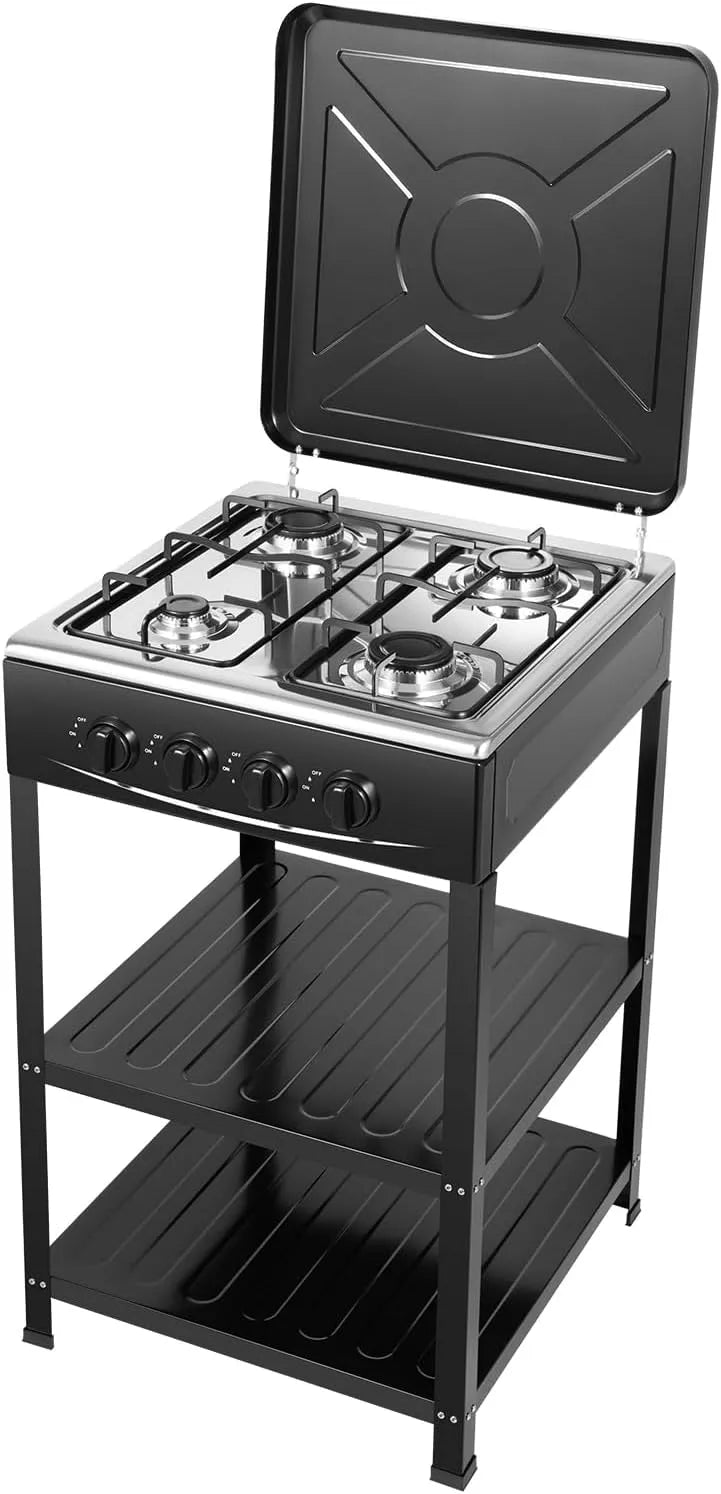 Cuisinière avec four, extérieur, camping, noir, Réchaud à gaz 4 brûleurs, cuisinière à gaz avec pare-vent et étagères de rangement, pieds réglables en