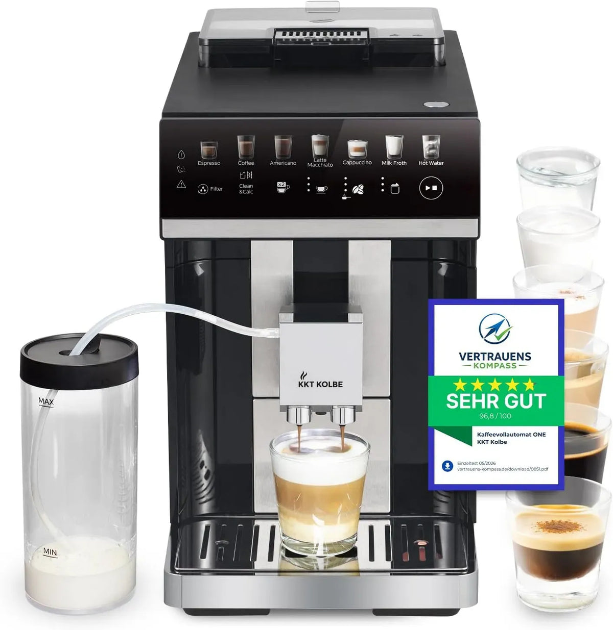 Accessoire pour appareil, KKT KOLBE, tactile, grand réservoir, 15 bar, broyeur à 7 niveaux, écran tactile, 2 tasses, 7 boissons