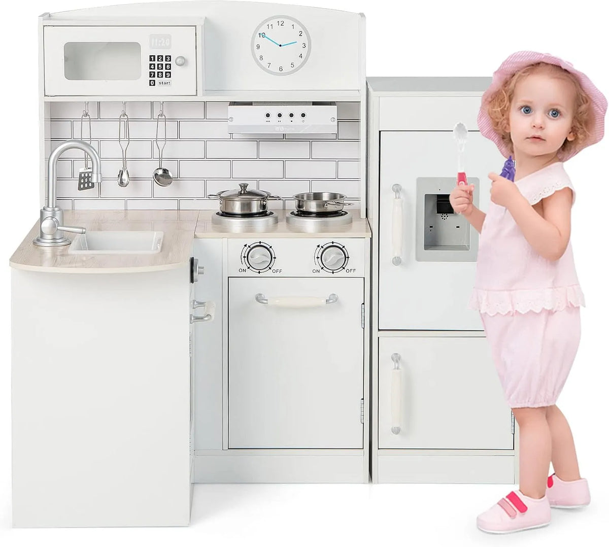 Réfrigérateur, Jouet d'Imitation pour Tout-Petits de 3 Ans+, Cuisinière de Jeu en Bois avec Distributeur d'eau, Evier, Hotte et Ustensiles