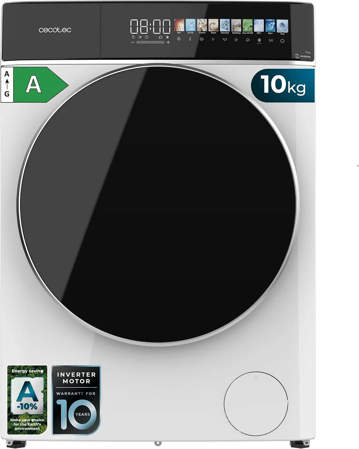 Cecotec Bolero DressCode 10900 Lave-linge, 10, 3 pouces, 11 programmes, 10 kg, classe énergétique A, Inverter, 1400 tr, SteamMax, écran 10, min