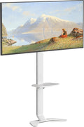 Meuble TV, 86 pouces, compatible VESA 600 x 400, base incurvée moderne avec étagère, hauteur et inclinaison réglables, design peu encombrant avec