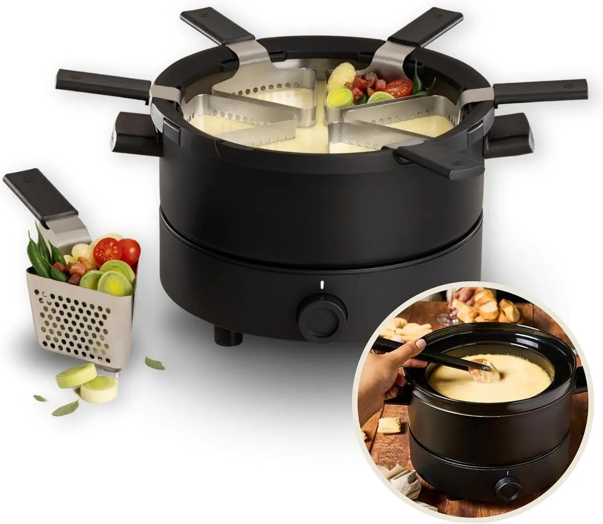 3-en-1 Fondue, 3 L, acier inoxydable, pour 4 à 6 personnes.