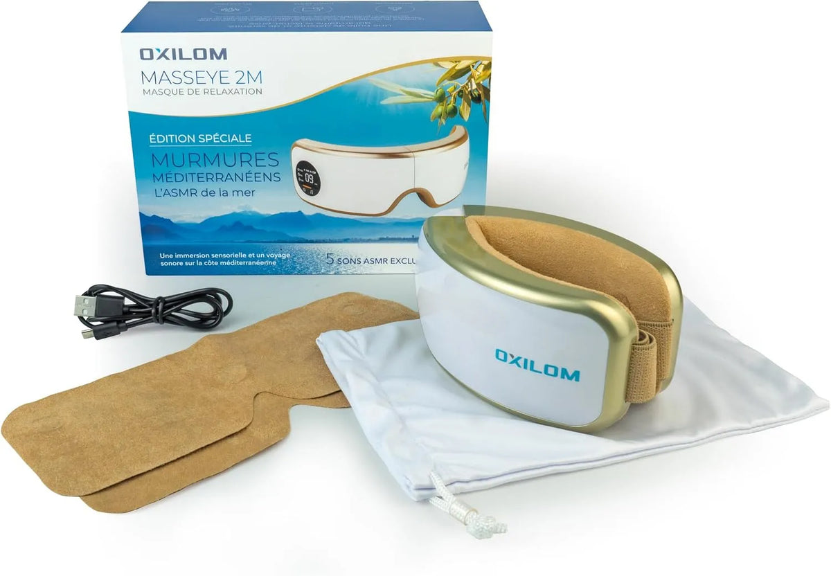 Idéal Sommeil, Sons ASMR intégrés, Masque de Relaxation Premium OXILOM MassEye 2M, Chaleur Thérapeutique, Vibrations Massantes