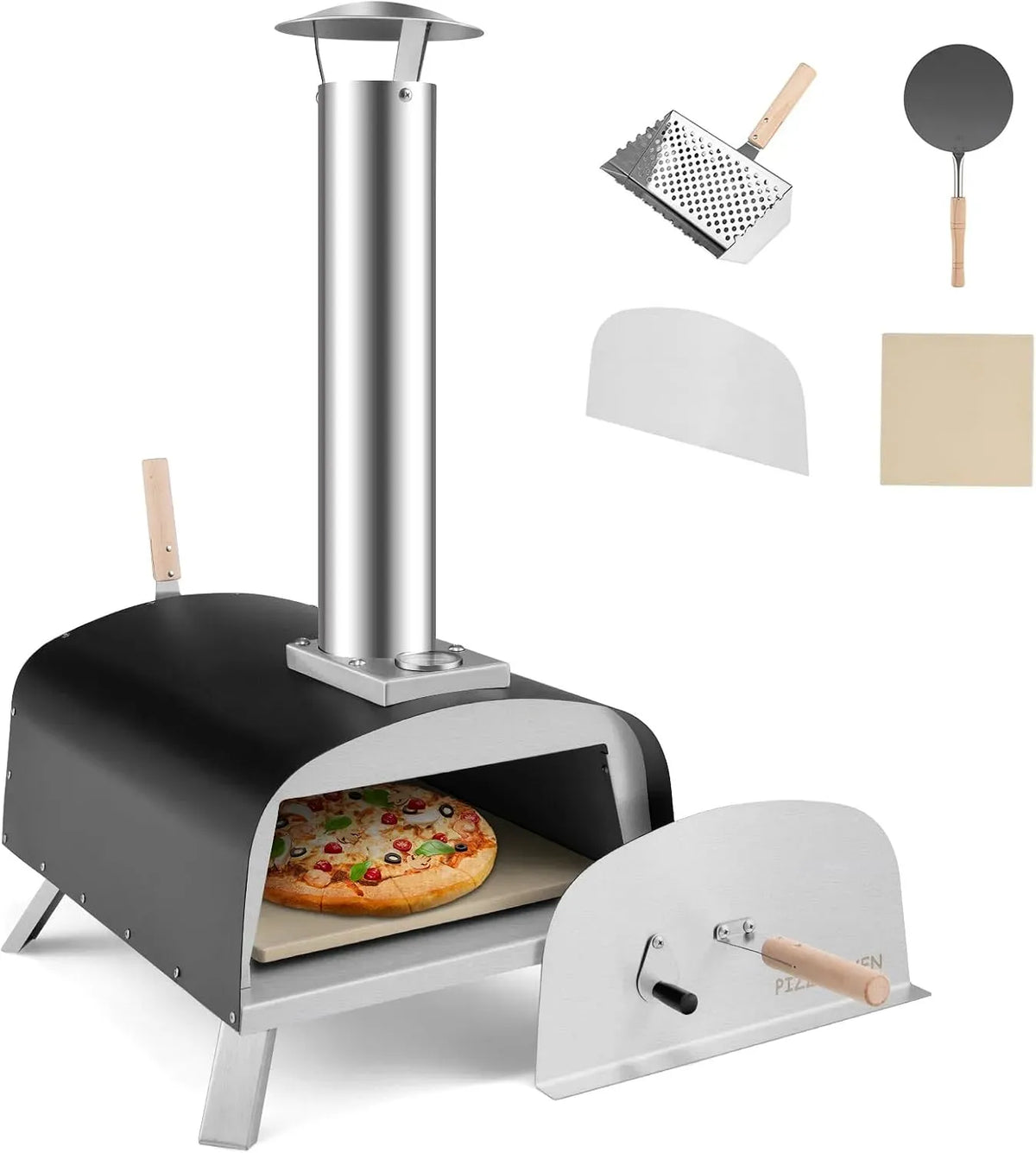 Four électrique à pizza, KOMFOTTEU, portable, extérieur, gril, camping, acier inoxydable, Grille à pizzas pour Barbecue, Pierre à Pizza