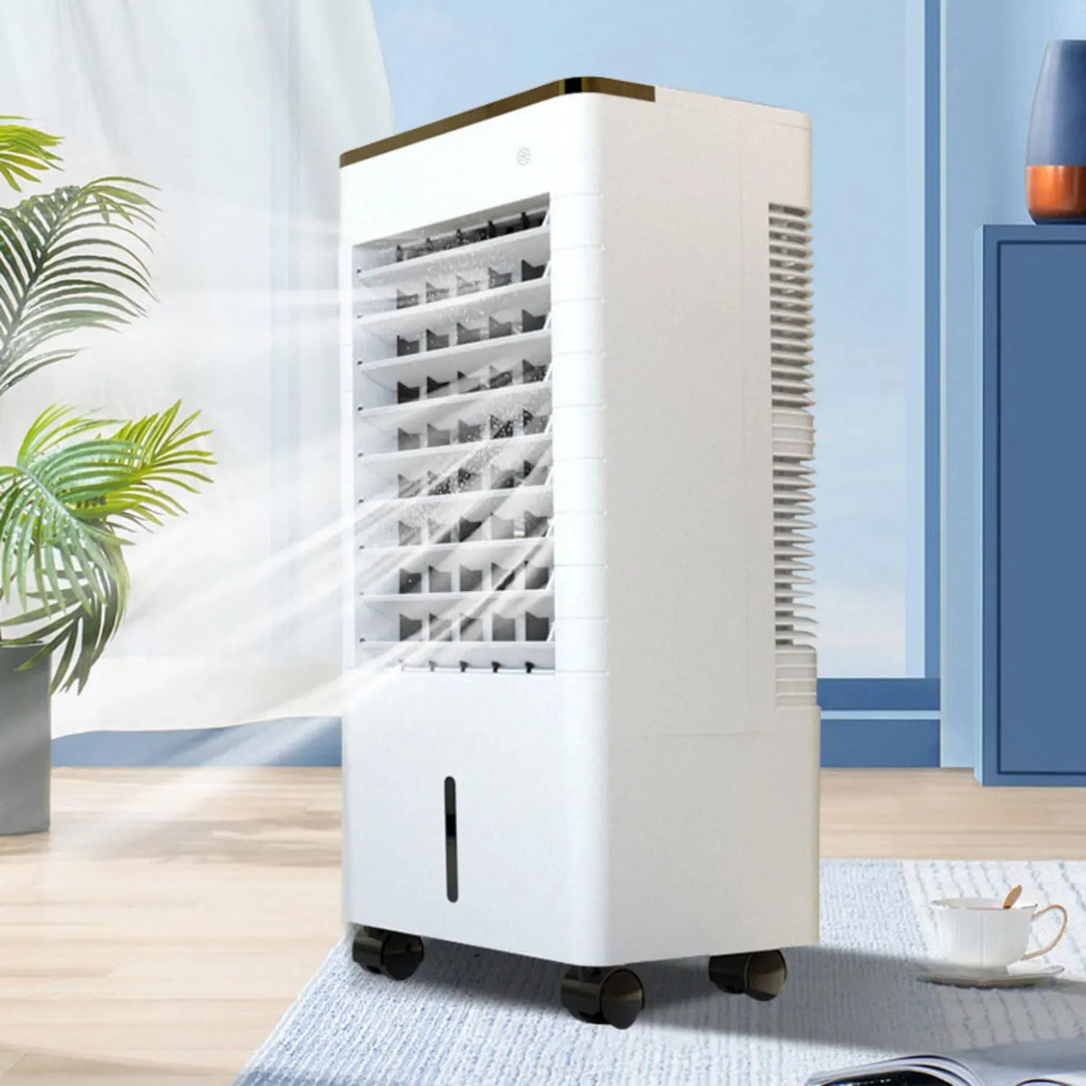 Ventilateur, minuteur, 3 vitesses, oscillation, grand réservoir, oscillation à 90°, 4 compartiments à glace, 2 modes