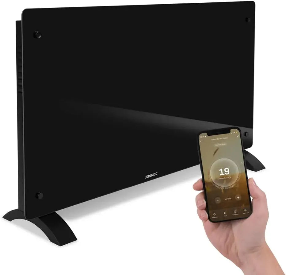 Minuterie, Panneau en verre avec écran LED, Convecteur électrique Smart 2500W, Thermostat 5-50°C, IP24, Contrôle WiFi via App Tuya Smart Life, Mur ou