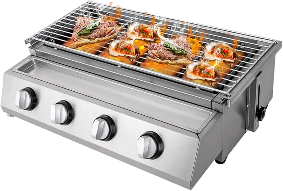 Cuisinière avec four, portable, extérieur, gril, camping, acier inoxydable, Barbecue à gaz à 4 brûleurs, barbecue butane, barbecue de table portable