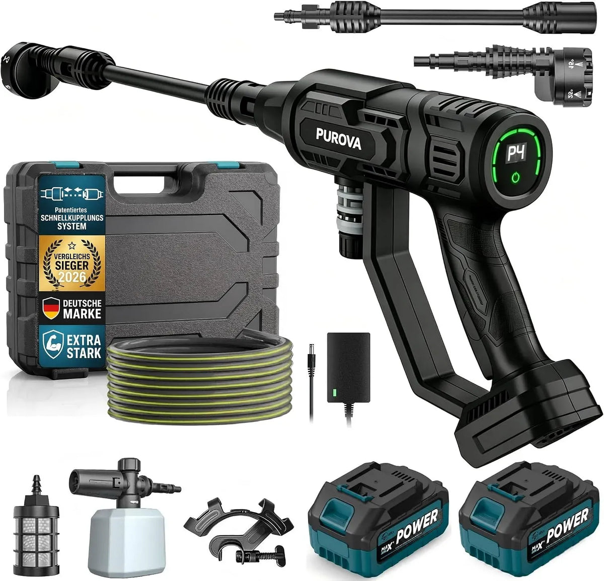 Nettoyeur haute pression 4.0Ah 6-en-1, 1500 W, 21 V, écran LCD, Moteur sans Balais 1500W & Écran LCD, Buse & Tuyau 5m pour Voiture et Jardin, 600