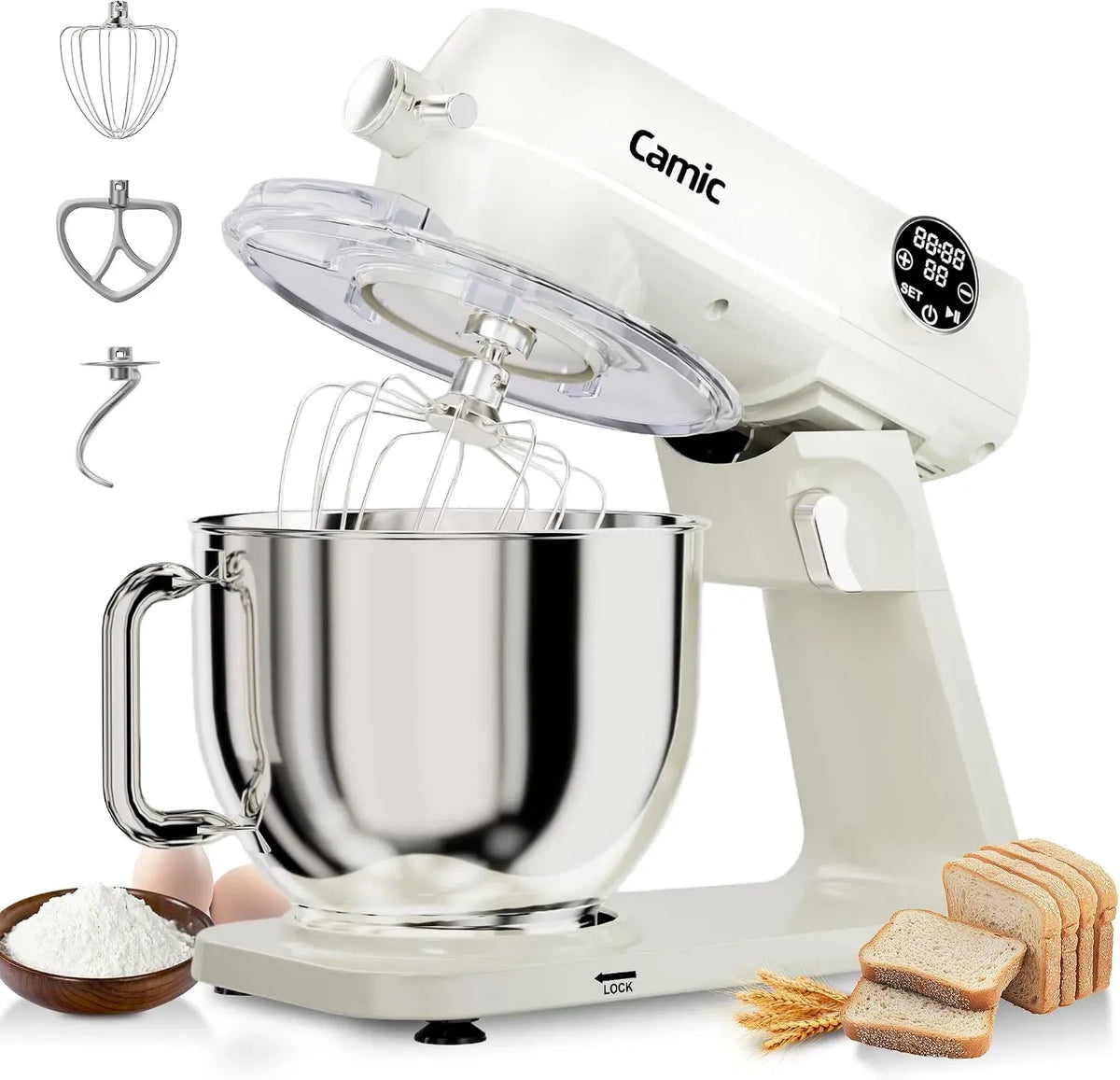Robot, 8 L, 1800 W, tactile, minuteur, acier inoxydable, 10 Vitesses, pour la Préparation de Gâteaux et Pains, Camic