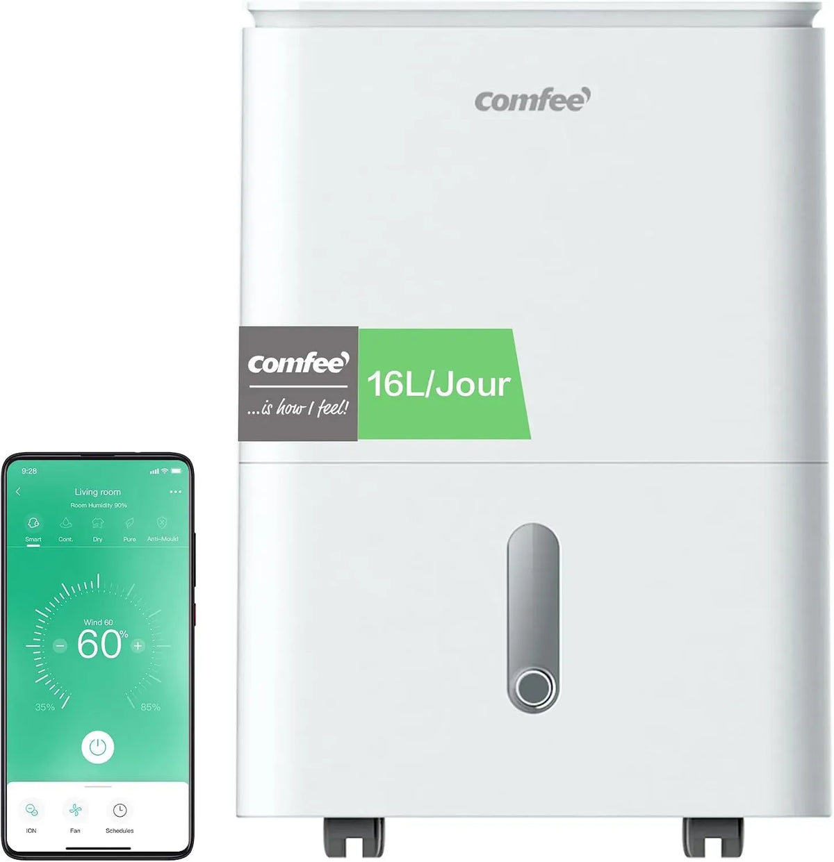 Déshumidificateur, 16 L, COMFEE' 2-EN-1 16L-Jour, Idéal pour pièces de 29-44㎡, Contrôle APP, Easy Dry 16, 4 Modes