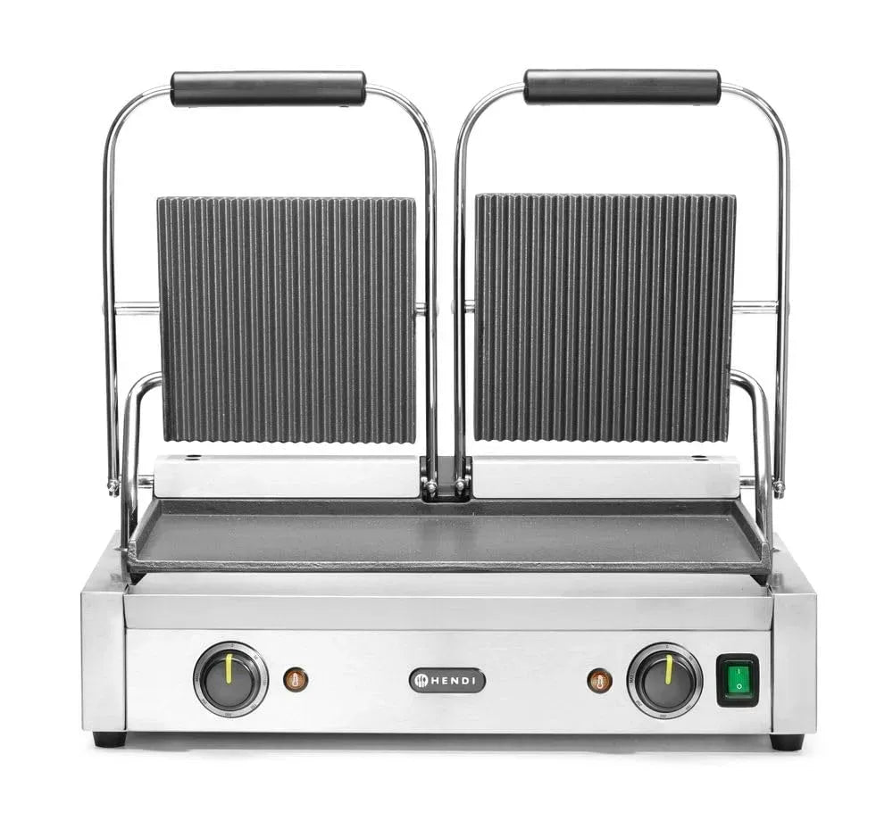Gril de Contact Électrique Double, Plaques Lisse et Rainurées en Fonte Émaillée, pour Plaque Panini Professionnel, 230V, 3600W, 570x375x, Acier, 216