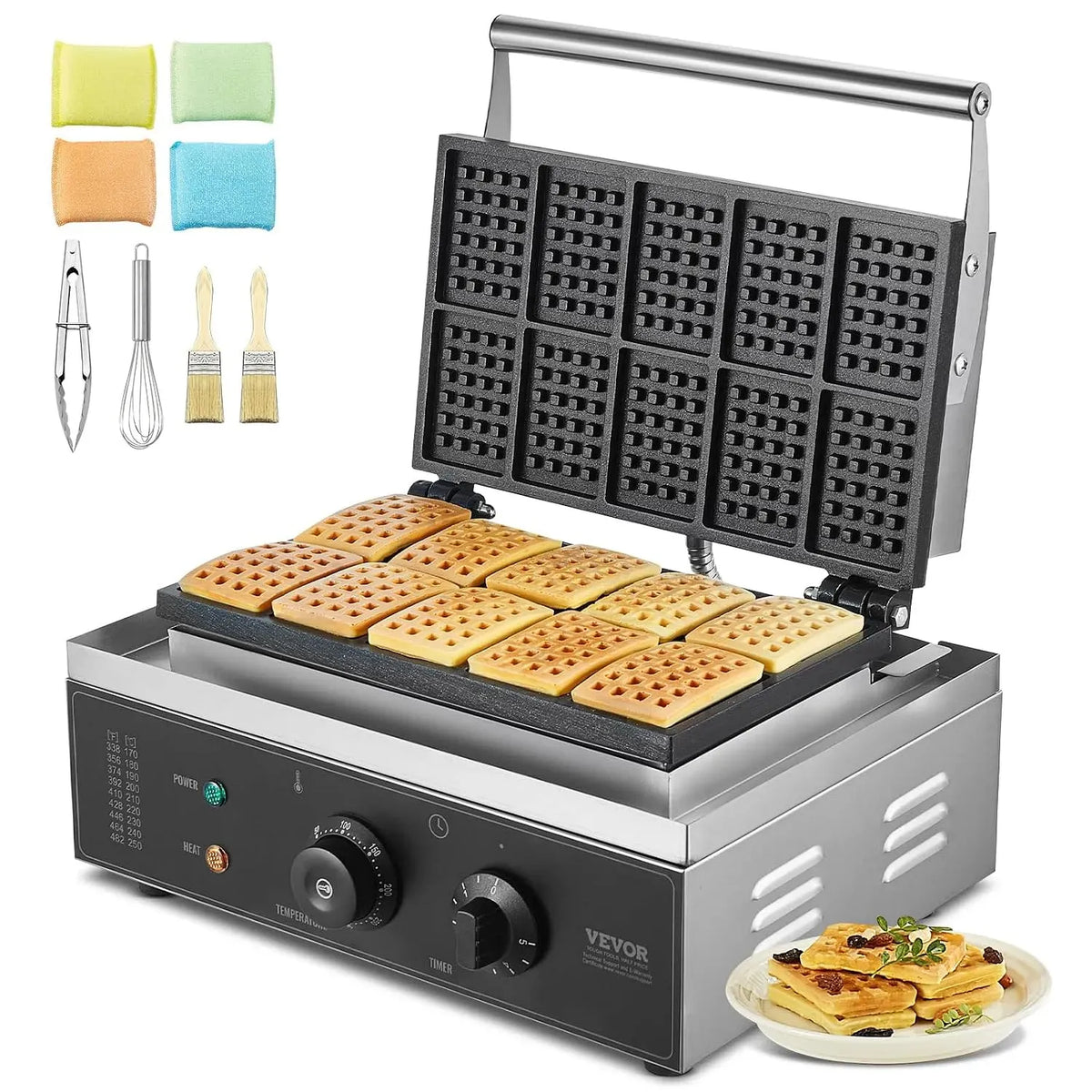 VEVOR 10PCs gaufrier électrique, Appareil, 1550 W, professionnel, revêtement antiadhésif, acier inoxydable