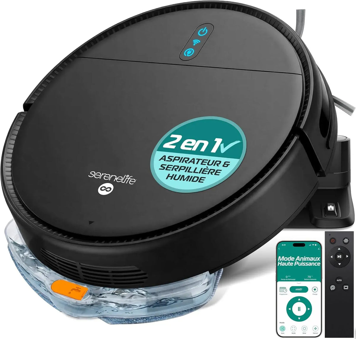 Robot aspirateur 3-in-1, noir, 3 Modes, aspirateur robot, SereneLife Robot Aspirateur Laveur