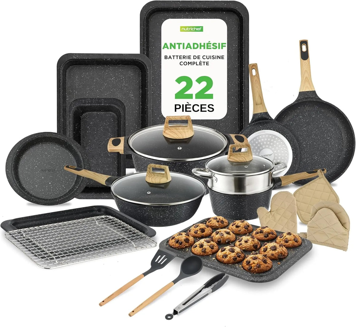 Batterie, batterie de casseroles et poêles, pâtisserie, 22 Pièces, fonction chauffante, noir, Cuisine & Pâtisserie 22 Pièces Effet Ma