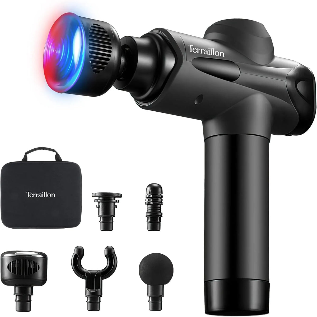 TERRAILLON, GUN MASSAGER EXPERT, 20 vitesses 2800-3200 RPM, 5 embouts silicone dont 1 chaud-froid, Pistolet de massage Multizones, Ecran digital