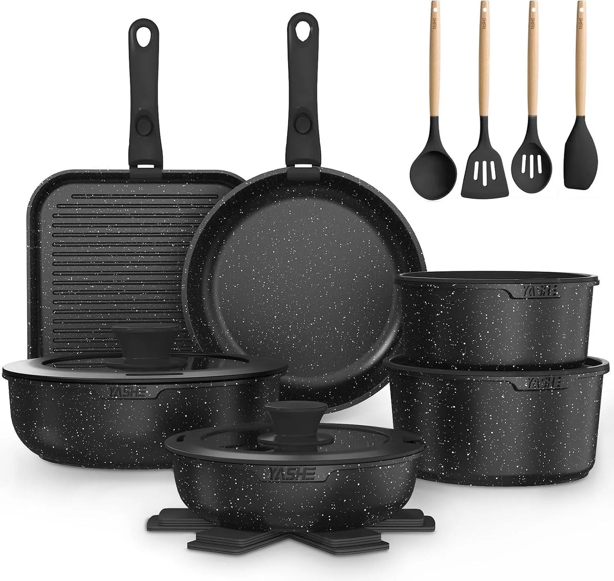 Four électrique, YASHE, revêtement antiadhésif, amovible, compatible induction, gris, Batterie de cuisine 21 pièces