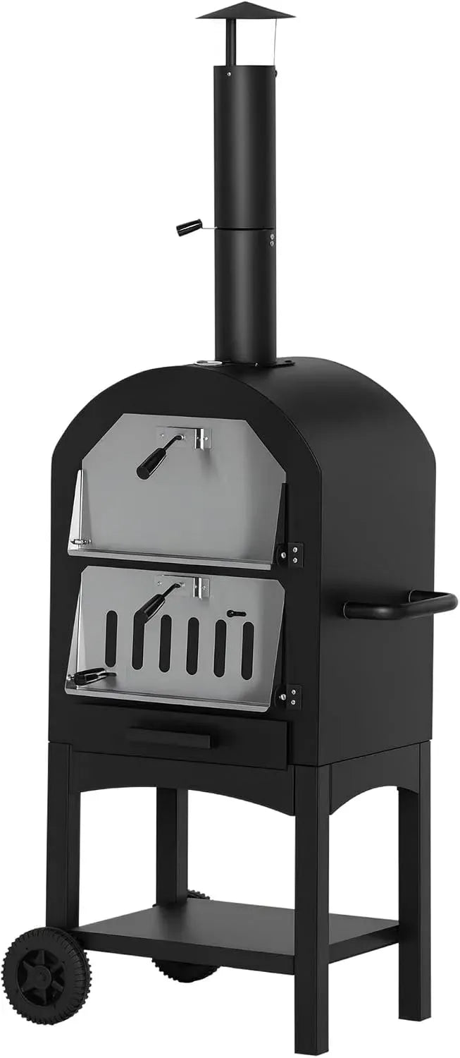 Four électrique à pizza, extérieur, roulettes de déplacement, noir, Acier au Carbone, Pierre Réfractaire, Barbecue sur Roulettes