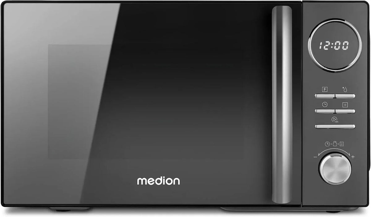 3en1 MD11493 design miroir, mode décongeler, Micro-onde 3en1 avec gril et air chaud combiné, 23L, 900W, noir, 10 programmes automatiques, 1000