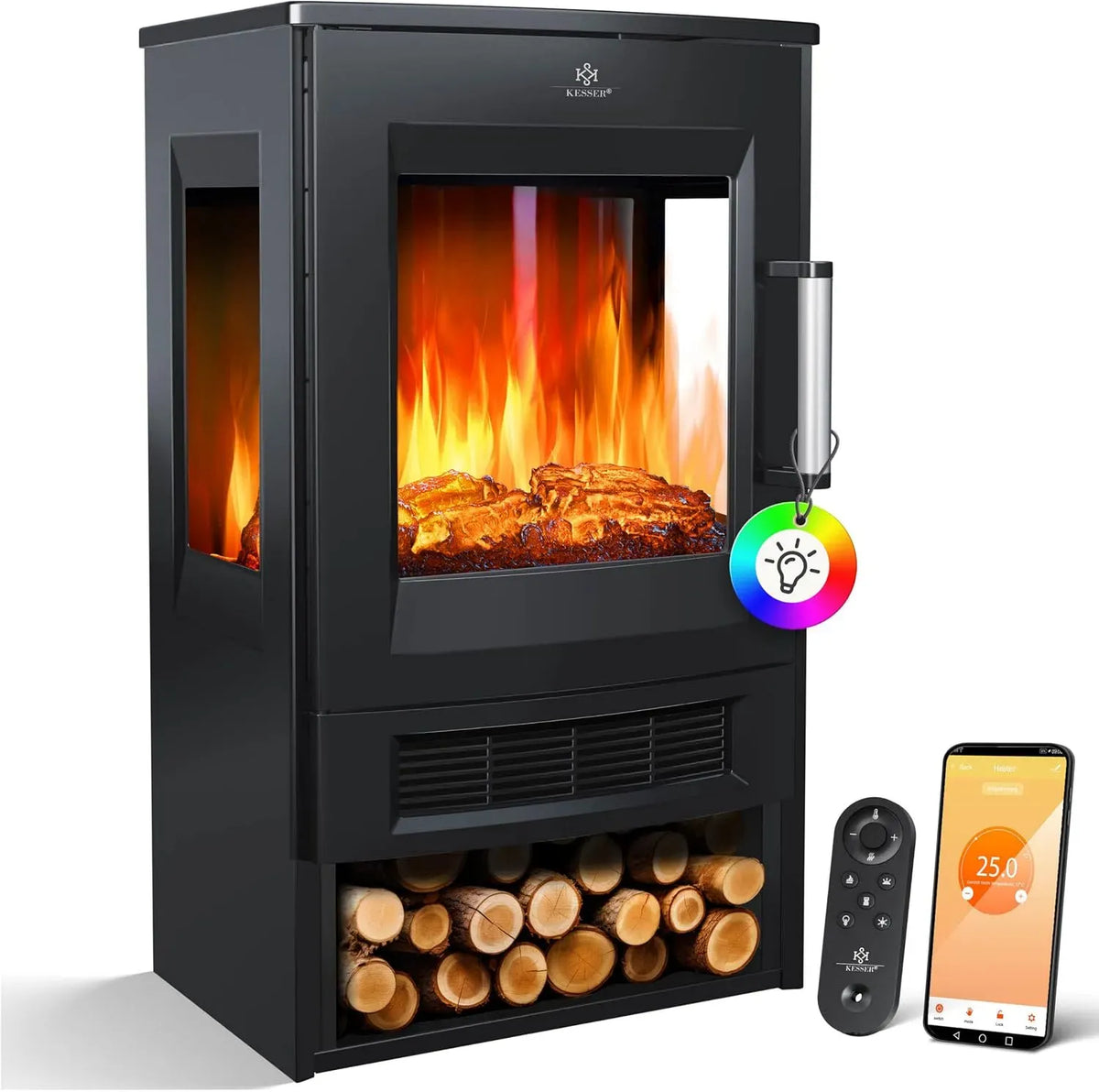 Ventilateur, 1800 W, Wi-Fi, application, noir, Effet de Flamme LED avec 9 Modes de Couleur, KESSER® Cheminée électrique avec Chauffage